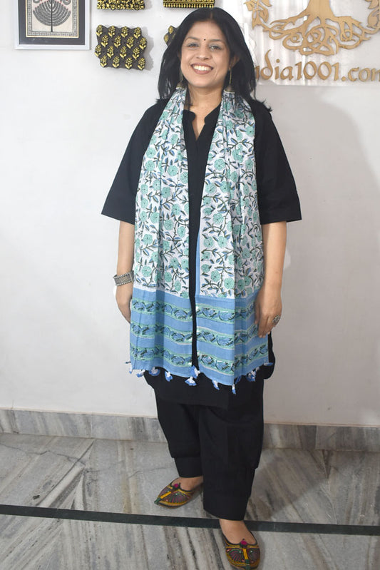 Elegant Hand block printed Cotton stole with cloth tassels