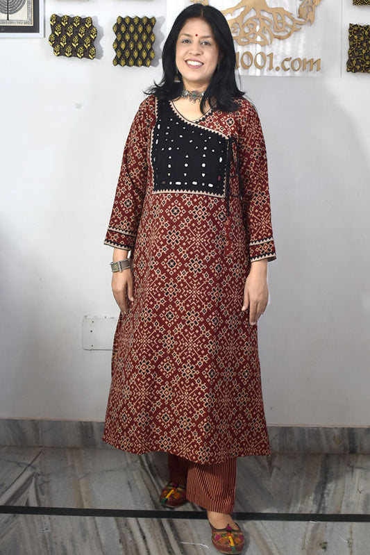 Designer Hand Block Printed Ajrakh cotton Kurta With Mirror Work - Size 38 to 46 ( all sizes)