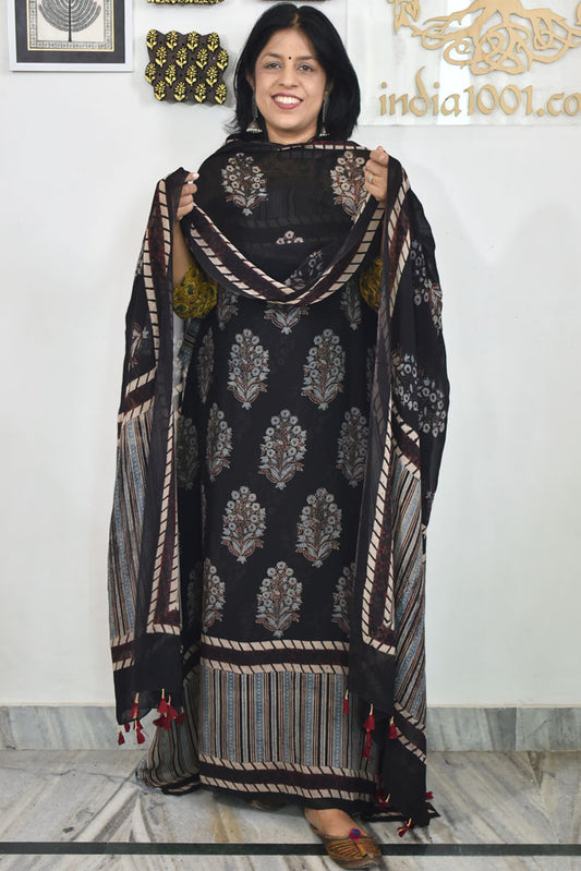 Ajrakh Hand Block Print Georgette Dupatta & Georgette Kurta Fabric