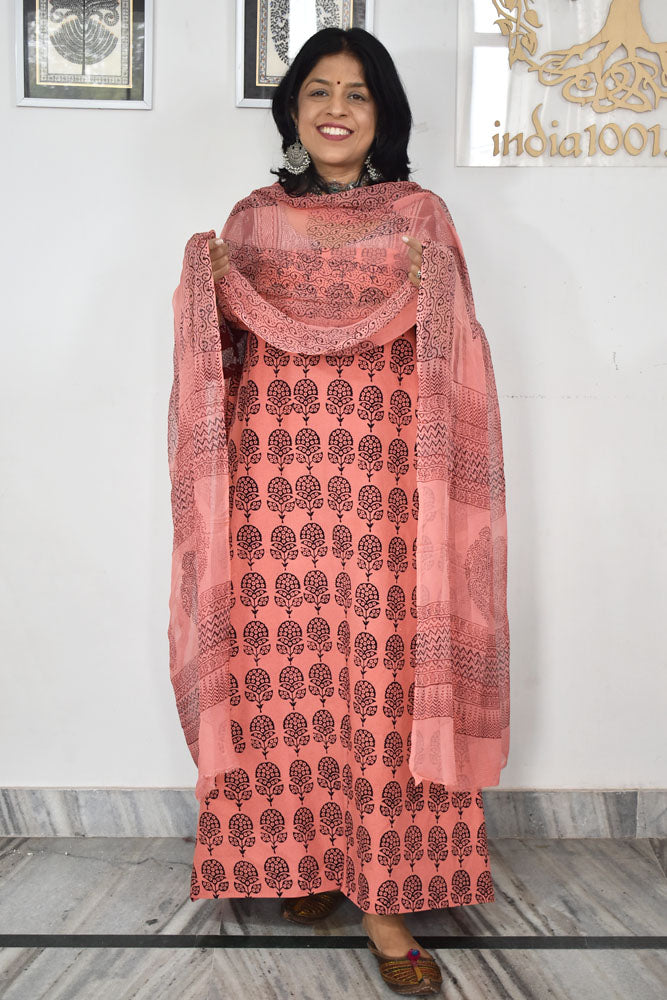 Classic Bagh Block Printed unstitched suit fabric with chiffon dupatta