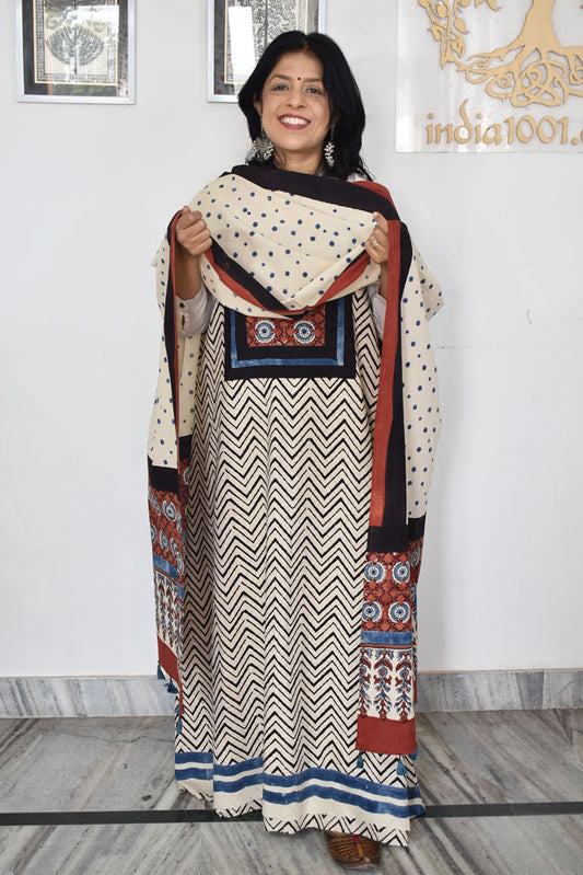 Block Print Ajrakh Cotton Suit with designer Ajrakh neck yoke /panel & Long Stole