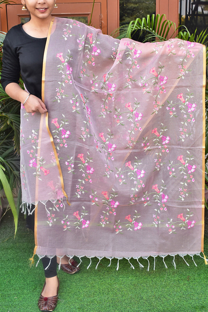 Elegant Kota Tissue dupatta with All over Cross Stitch Embroidery - Light Pink