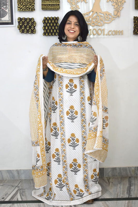 Elegant Dobby Cotton suit with placement Hand block print with lace details