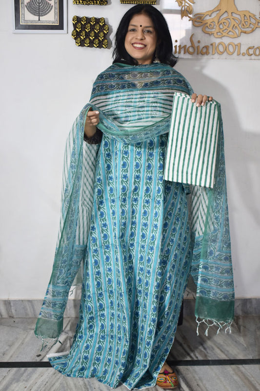 Designer Hand Block Print Cotton suit with Kota dupatta