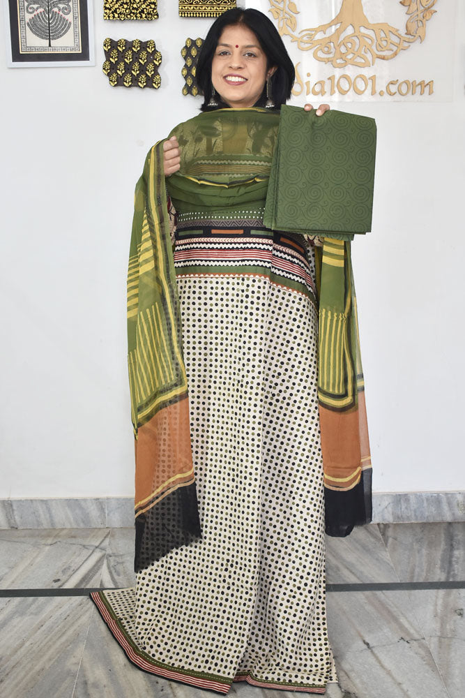 Designer Hand Block printed Cotton suit with chiffon dupatta
