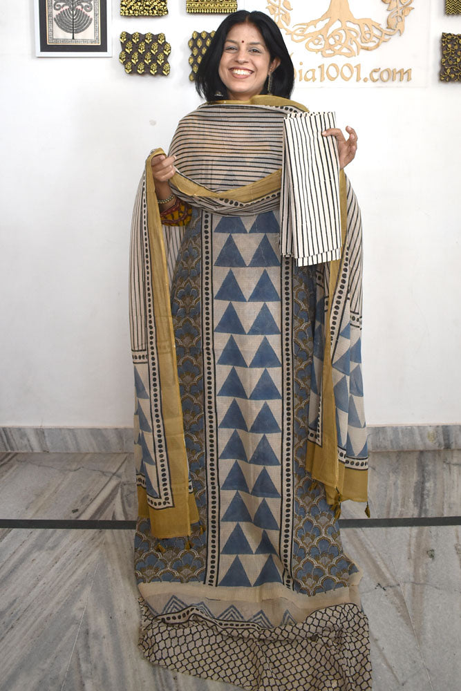 Designer Ajrakh Kota Unstitched suit with Kota Dupatta & Cotton Bottom - 3 piece set