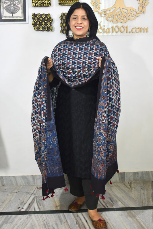 Ajrakh Hand Block Printed Cotton Dupatta with Tassels & natural dyes