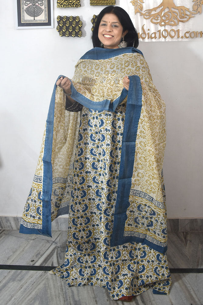 Beautiful Hand Block Printed Cotton unstitched suit fabric with Woven Borders Cotton dupatta
