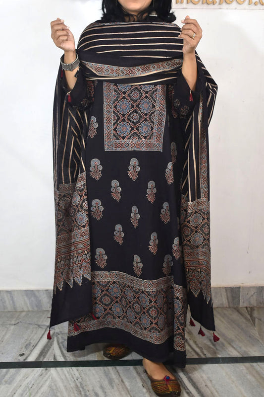Block Print Ajrakh Cotton Suit with designer Ajrakh neck yoke /panel & Long Stole