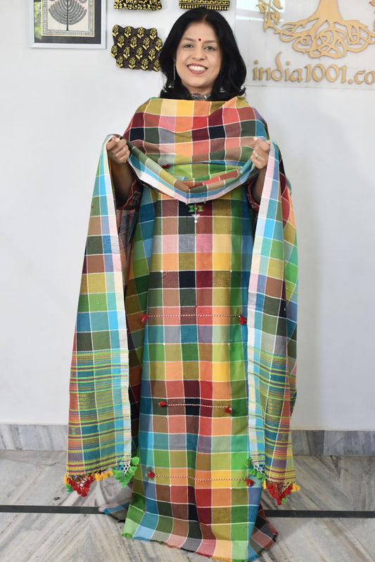 Premium Handwoven Kala Cotton Bhujodi suits with Mirror and Miri work - 3 pc set