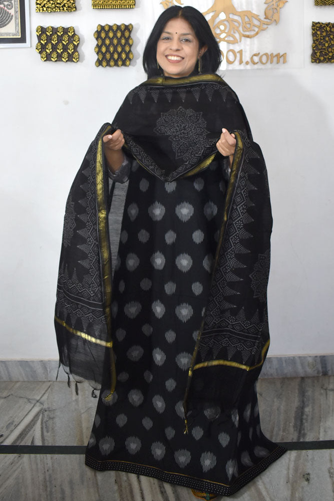 Handwoven Pochampally Cotton kurta with Chanderi Dupatta & Cotton Bottom - 3 pc set