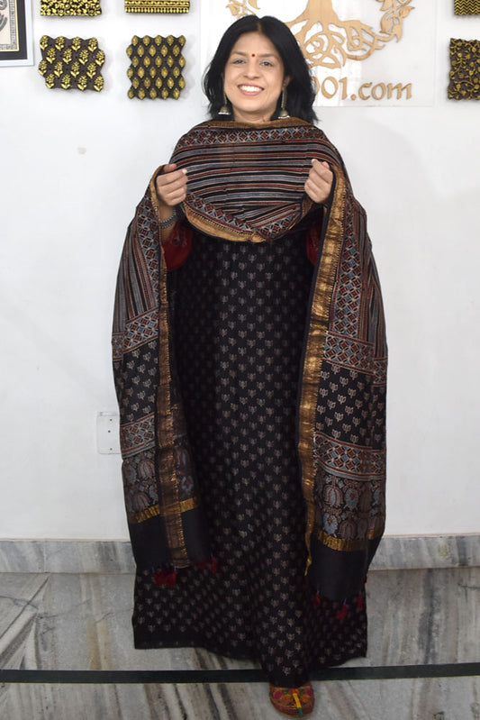 Beautiful Hand Block printed Ajrakh Maheshwari Kurta and dupatta set