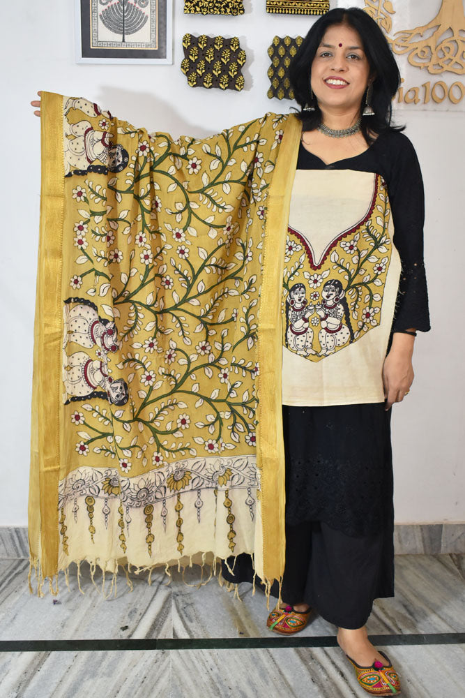 Beautiful Hand Painted Pen Kalamkari Dupatta & patch in Bangalore silk in Cotton