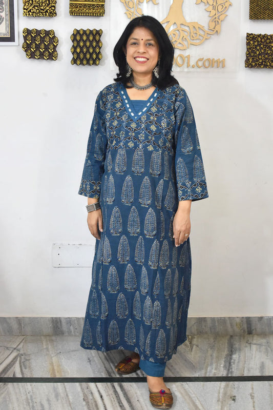 Beautiful Hand Block Printed Ajrakh Cotton kurta with Kutch Mirror work , Size 40 to 46