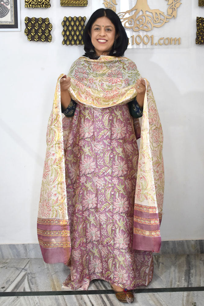 Elegant Sanganer Hand Block Printed Maheshwari Unstitched suit fabric