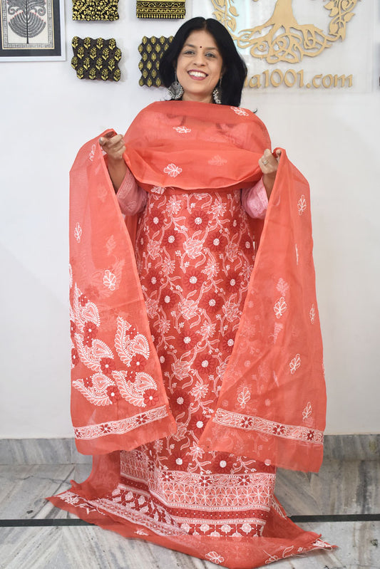 Elegant Lucknowi Chikankari Hand Embroidery work Kurta Fabric and dupatta set - 2 pc set