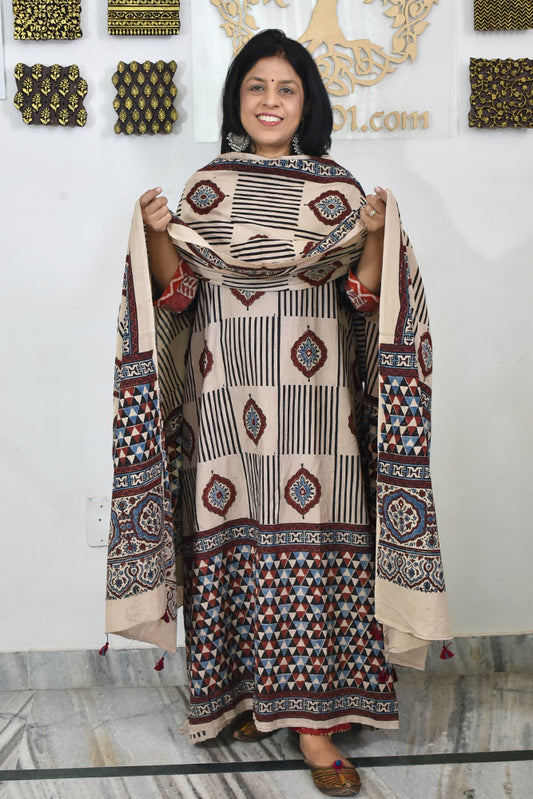 Designer Ajrakh Cotton kurta with  panel design & Mirror work & Cotton dupatta - 3 piece set