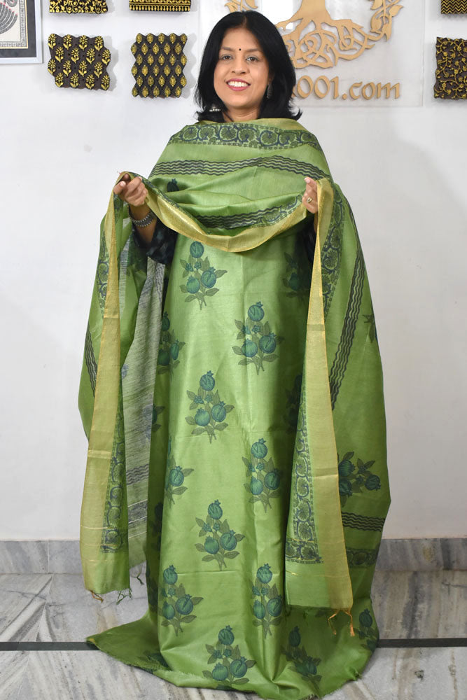 Elegant Hand Block printed Moonga Tussar Silk Kurta Dupatta Set