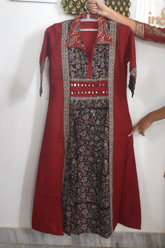 Designer Hand Block Printed Ajrakh cotton Kurta With Mirror Work - Size 38 to 46 ( all sizes)