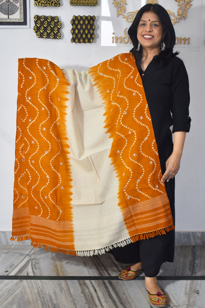Kutch Handwoven Mirror Work Bandhani Pure Wool Shawl
