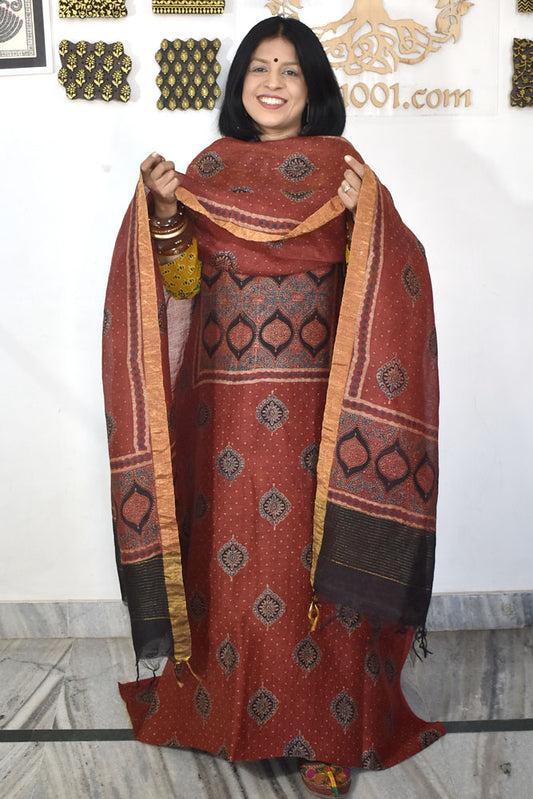 Beautiful Pure Linen Ajrakh  Hand Block Print Suit