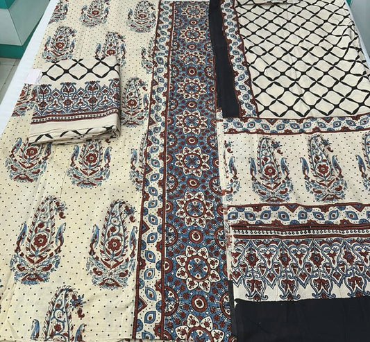 Hand Block Print Ajrakh Cotton Suit with designer  Ajrakh panel design