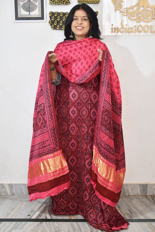 Bagh Hand Block Printed unstitched 3 pc Modal silk suit fabric with Lagdi patta from MP