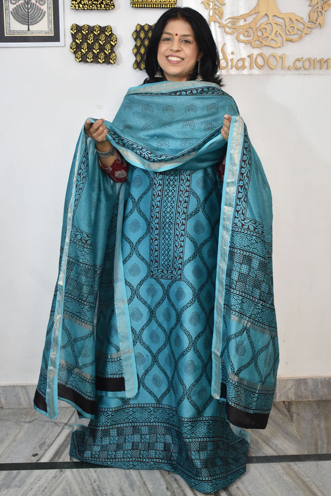 Bagh Hand Block Printed unstitched 3 pcs Handwoven Maheshwari suit fabric with Zari borders