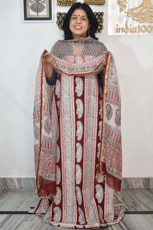 Classic Bagh Block Printed unstitched suit fabric with Kota Doria dupatta