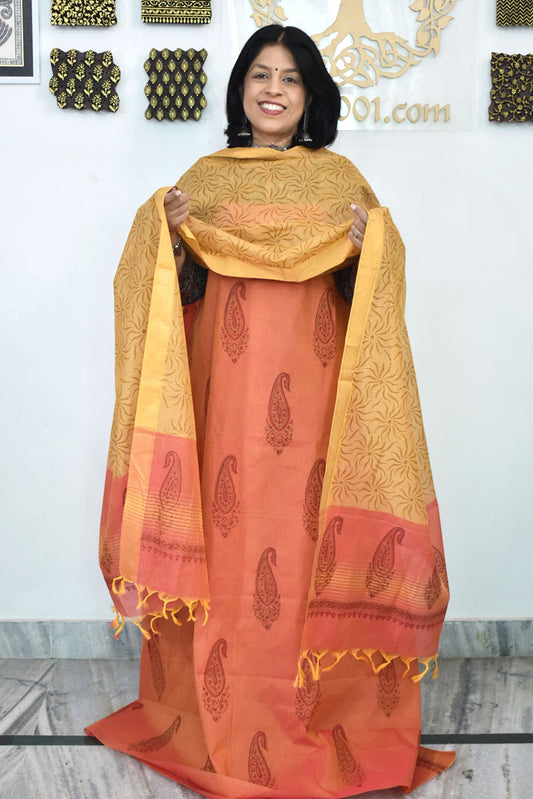 Beautiful Handwoven Cotton suit with Hand block print