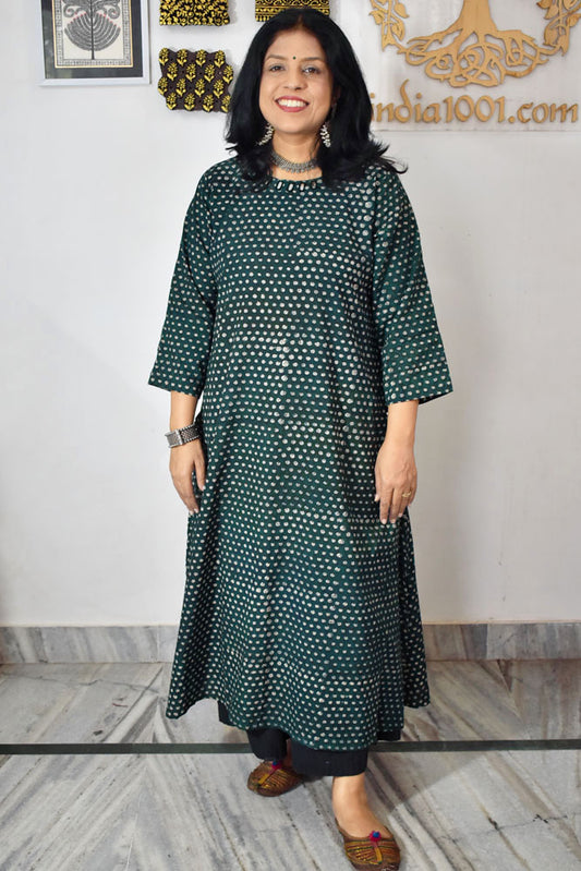 Beautiful Hand Block Printed Vanaspati Ajrakh Cotton kurta with Kutch Mirror work , Size 40 to 46