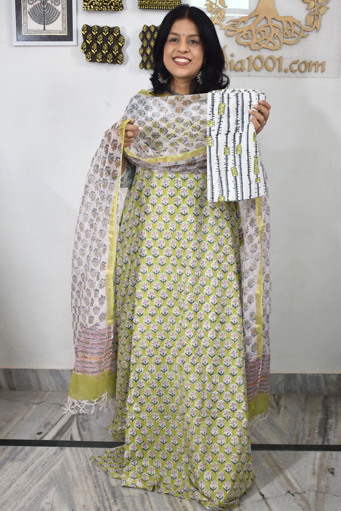 Beautiful Hand Block Printed Cotton unstitched suit fabric with Kota Doria Dupatta