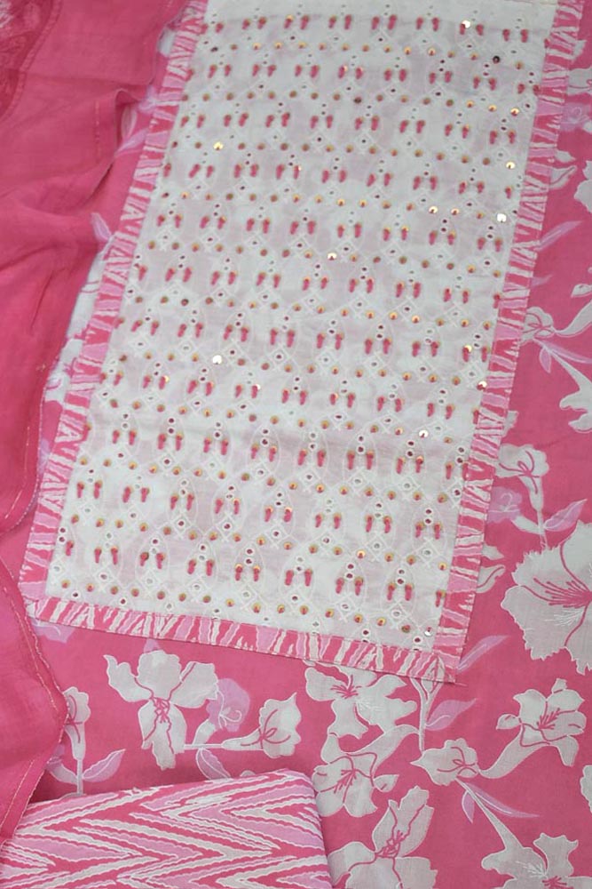 Beautiful  Cotton Unstitched Suit with  Neck patch, Intricate Hand Embroidery & Block print Muslin dupatta