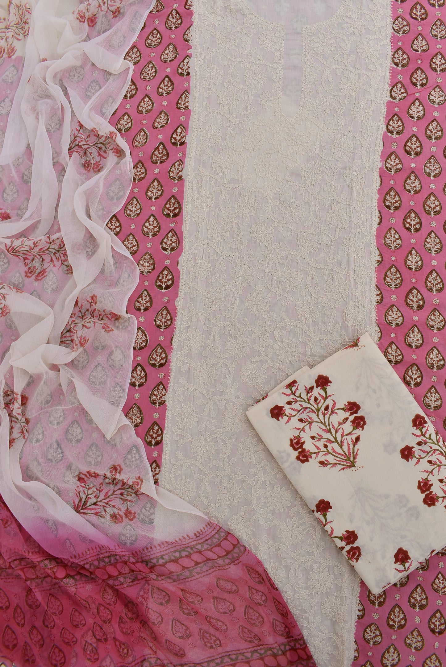 Beautiful Cotton Unstitched Suit Fabric with panel embroidery & & Hand Block print