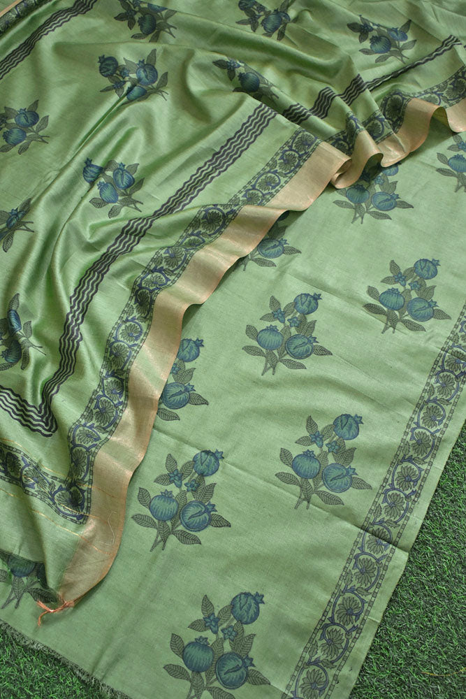 Elegant Hand Block printed Moonga Tussar Silk Kurta Dupatta Set