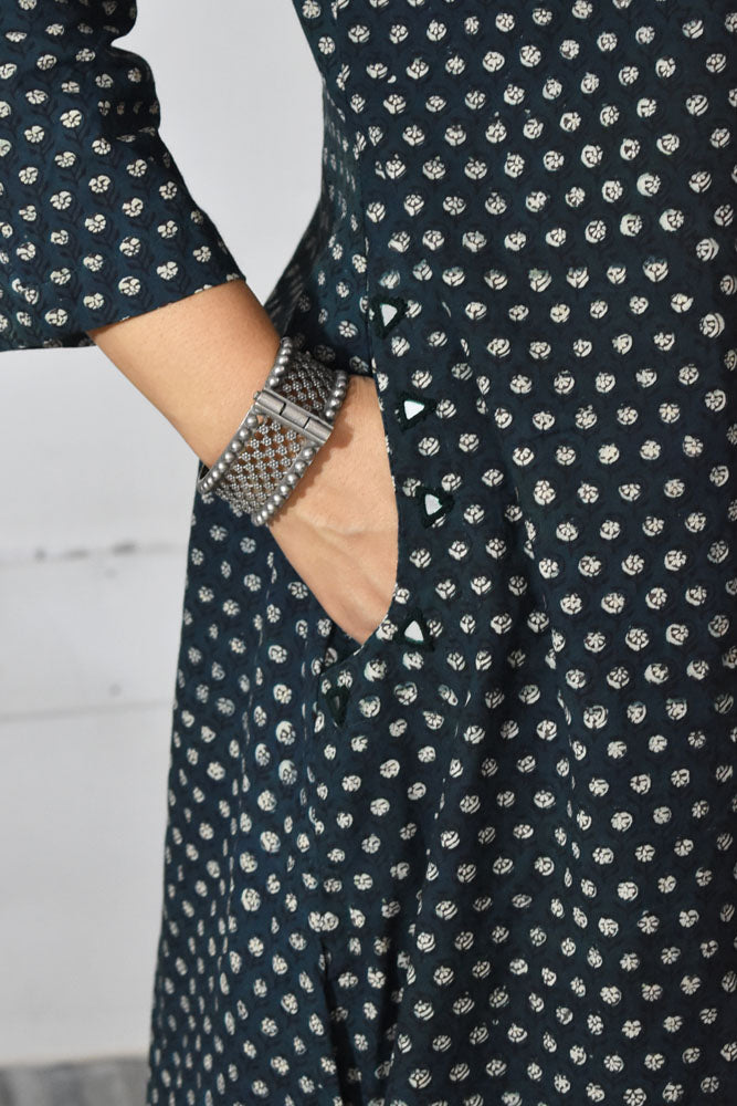 Beautiful Hand Block Printed Vanaspati Ajrakh Cotton kurta with Kutch Mirror work , Size 40 to 46
