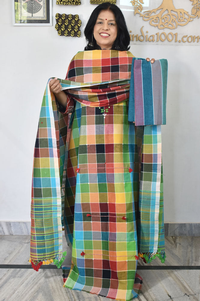 Premium Handwoven Kala Cotton Bhujodi suits with Mirror and Miri work - 3 pc set