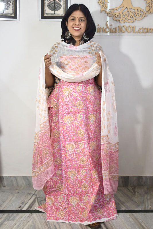 Hand Block Printed Cotton unstitched suit fabric with Chiffon dupatta