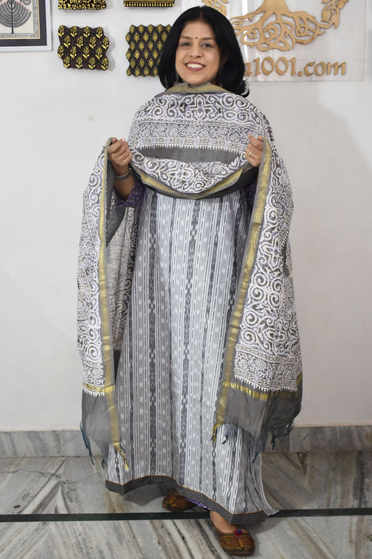 Handwoven Sambalpuri ikkat Cotton kurta with Chanderi Dupatta & Cotton Bottom - 3 pc set