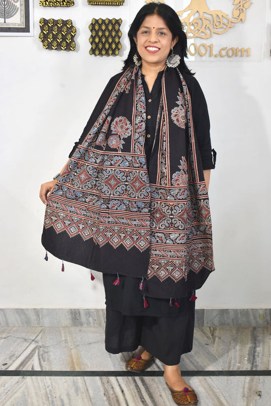 Ajrakh Hand Block Printed Khadi Cotton Stole with Tassels & natural dyes