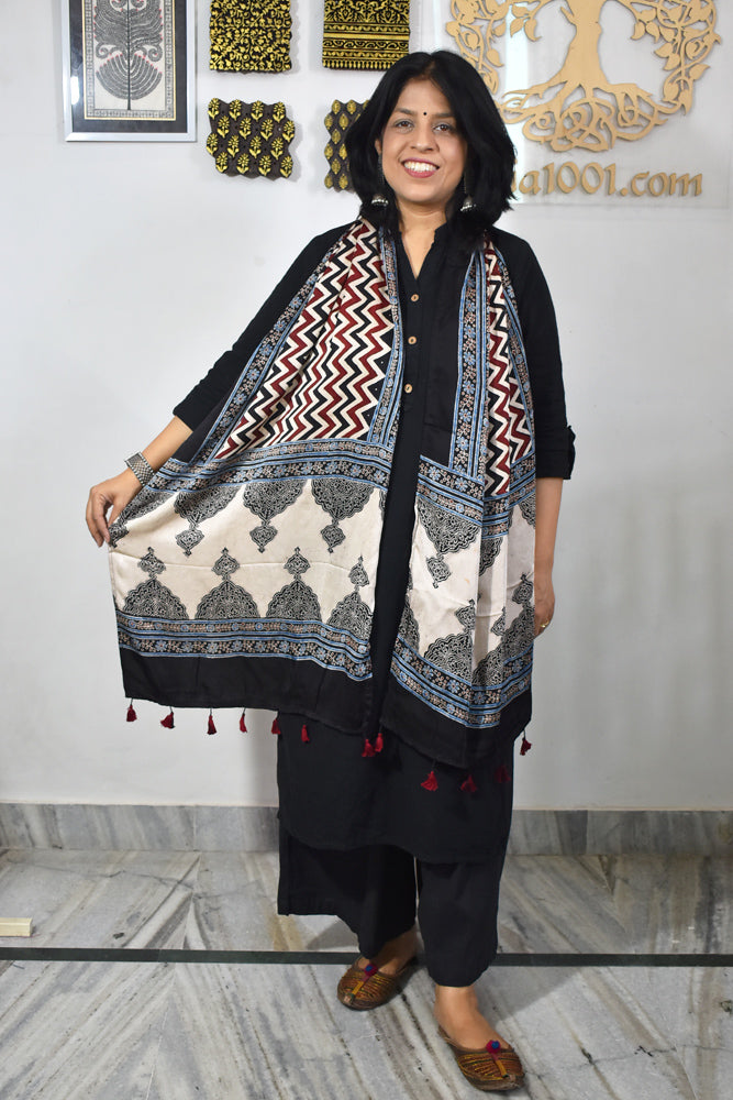 Beautiful Hand Block Printed Ajrakh Modal Silk stole with Tassels