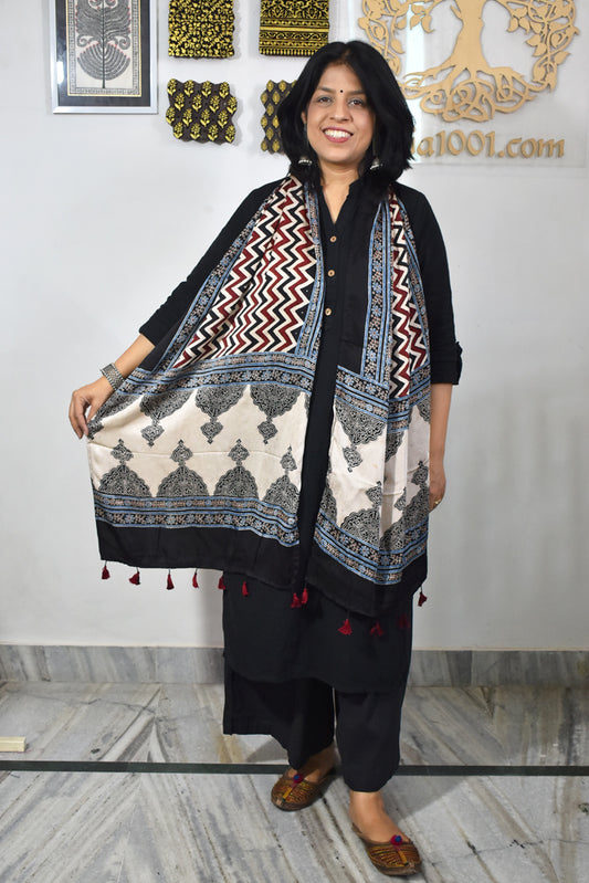 Beautiful Hand Block Printed Ajrakh Modal Silk stole with Tassels