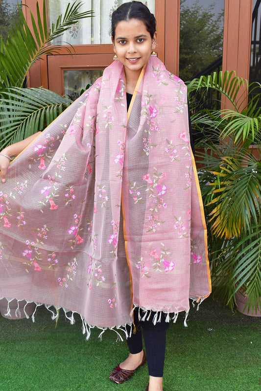 Elegant Kota Tissue dupatta with All over Cross Stitch Embroidery - Light Pink
