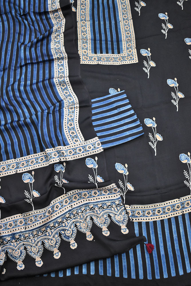 Designer Ajrakh Modal Silk Unstitched suit with  panel design, Ajrakh Dupatta & Bottom- 3 piece set