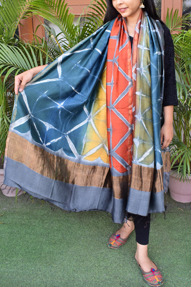 Clamp Dyed Chanderi Dupatta with Zari border and palla