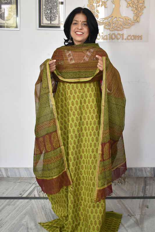Classic Bagh Block Printed unstitched suit fabric with Kota Doria dupatta