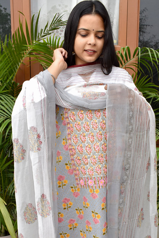 Premium Cotton Unstitched Suit with Neck patch, Intricate Hand Embroidery & Block print dupatta