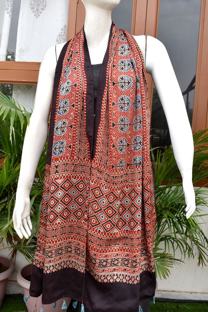 Beautiful Hand Block Printed Ajrakh Modal Silk stole with Tassels