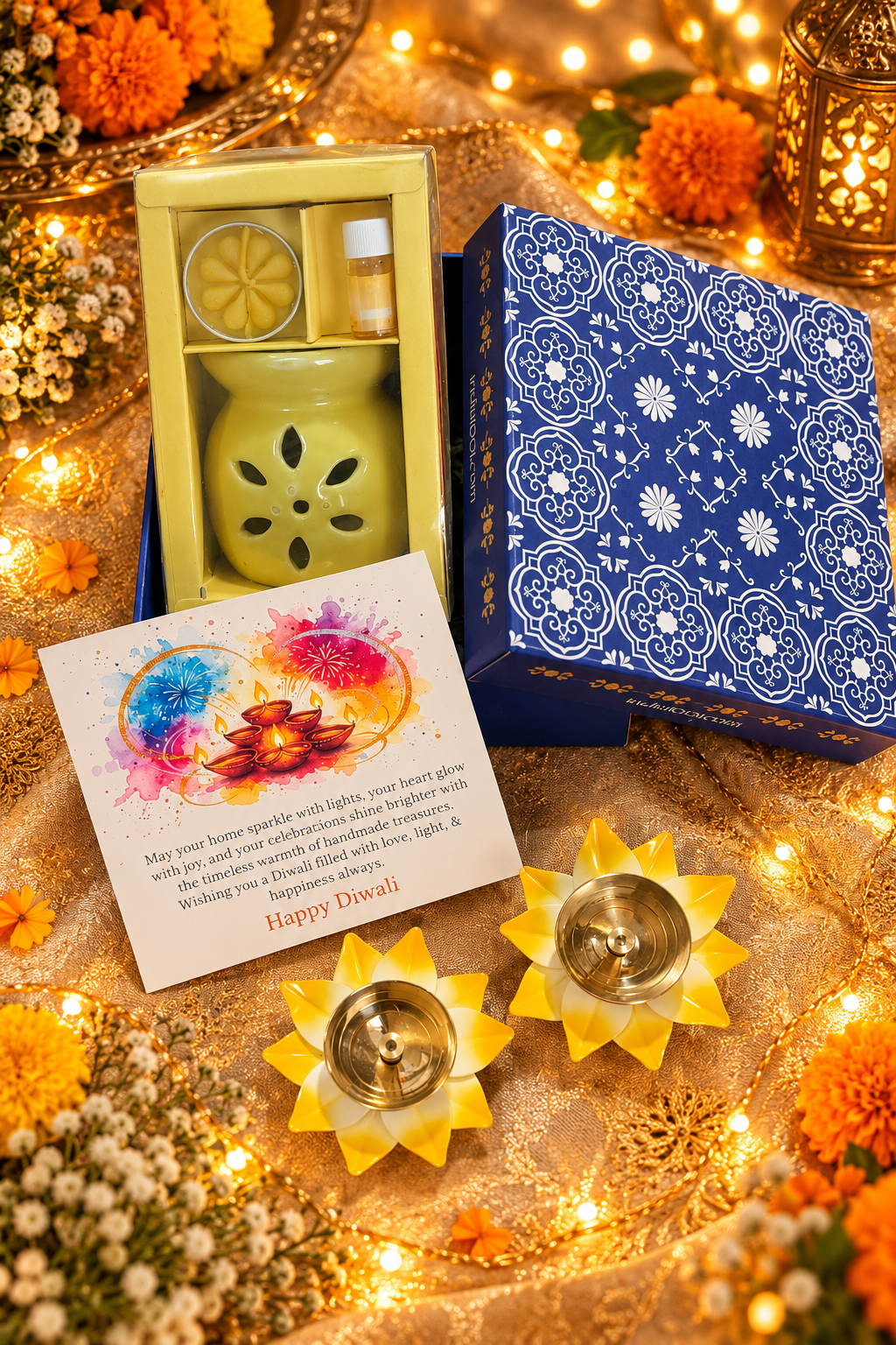 Diwali Gift Hamper - Metal Diya With Enamel and Diffuser set