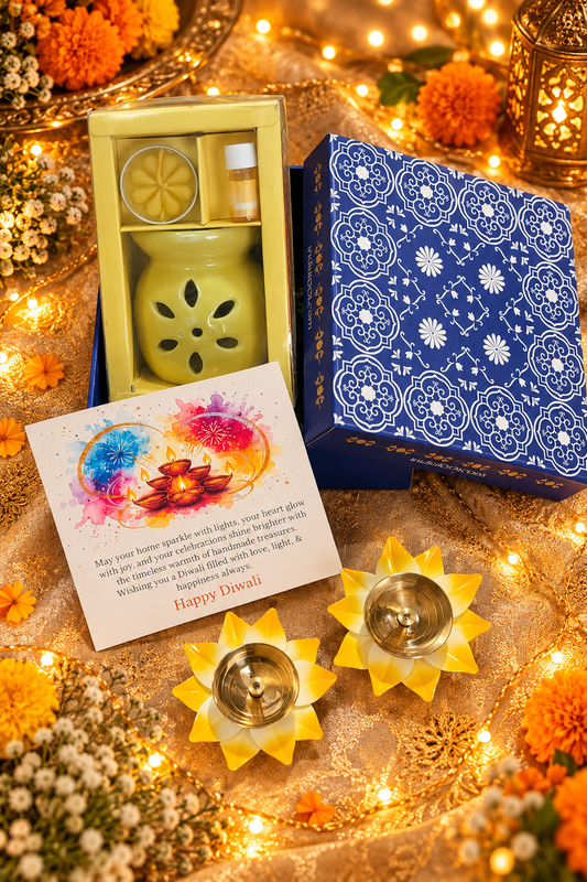 Diwali Gift Hamper - Metal Diya With Enamel and Diffuser set